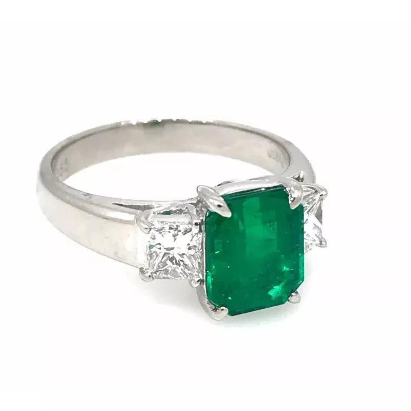Emerald Cut GIA Colombian Emerald and Diamond Three Stone Ring in Platinum For Sale