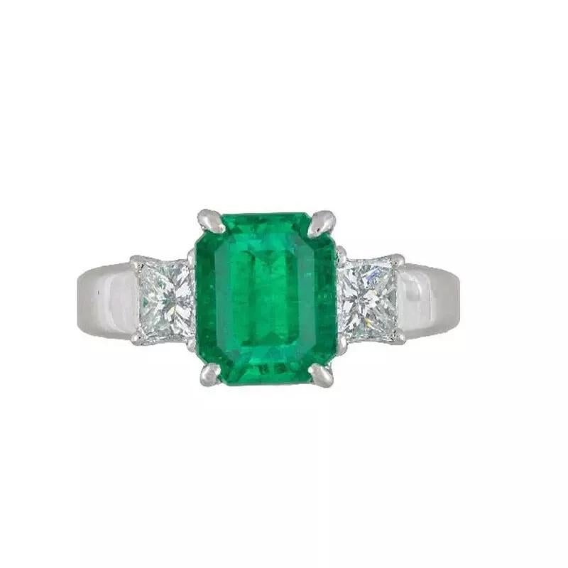 GIA Colombian Emerald and Diamond Three Stone Ring in Platinum In Excellent Condition For Sale In La Jolla, CA