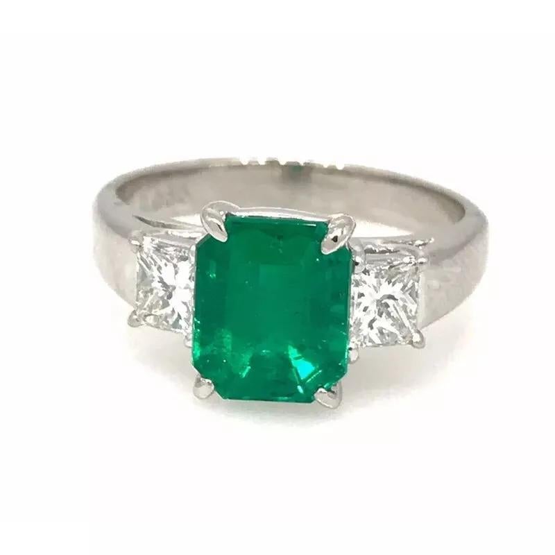 Women's GIA Colombian Emerald and Diamond Three Stone Ring in Platinum For Sale