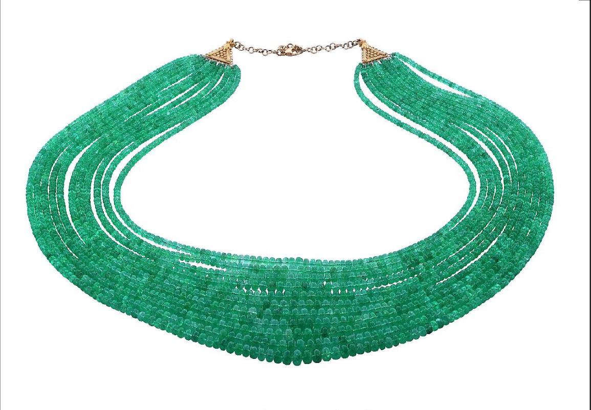 Perle GIA Colombian Emerald Bead Multistrand Necklace 18k Yellow Gold en vente