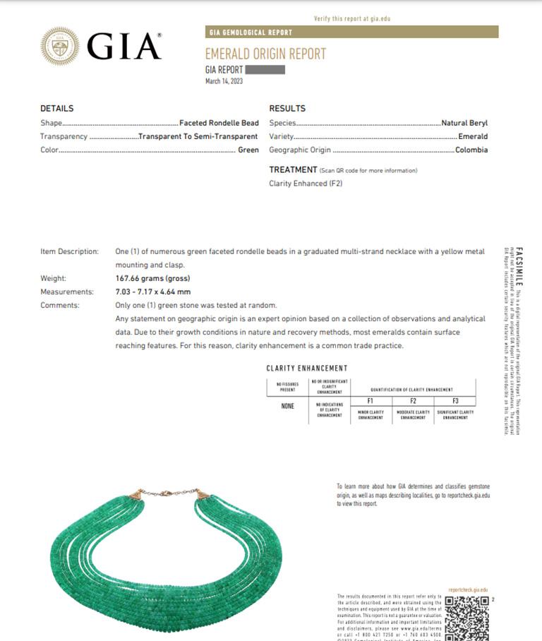 GIA kolumbianische Smaragdperlen-Halskette, mehrstrangig, 18k Gelbgold im Zustand „Hervorragend“ im Angebot in La Jolla, CA