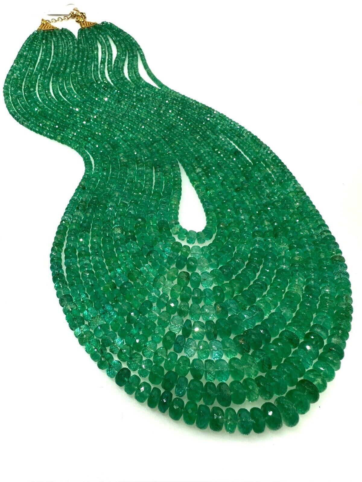 GIA kolumbianische Smaragdperlen-Halskette, mehrstrangig, 18k Gelbgold Damen im Angebot
