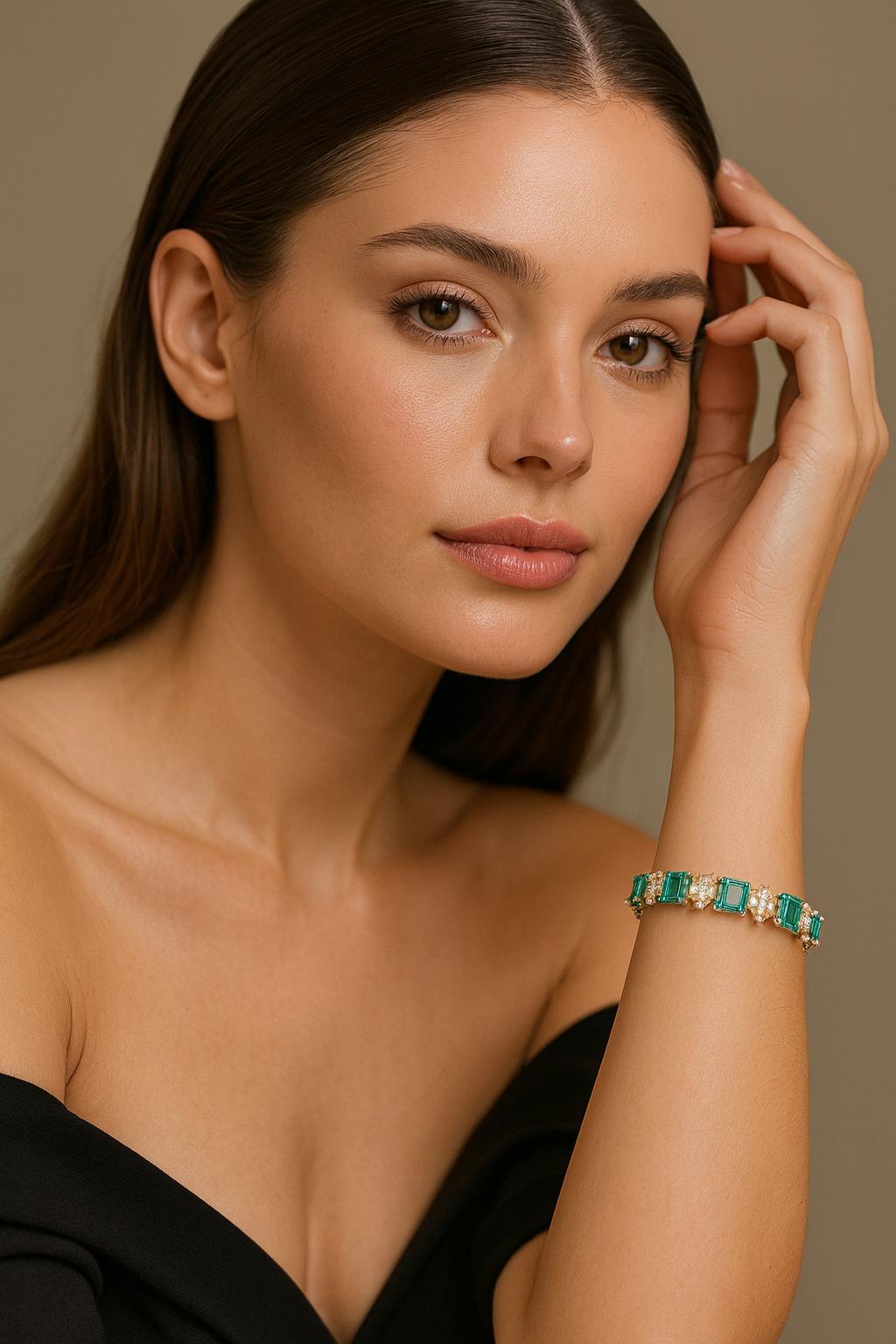 GIA Esmeralda colombiana y diamante Pulsera de tenis de oro de 18 quilates Corte esmeralda en venta