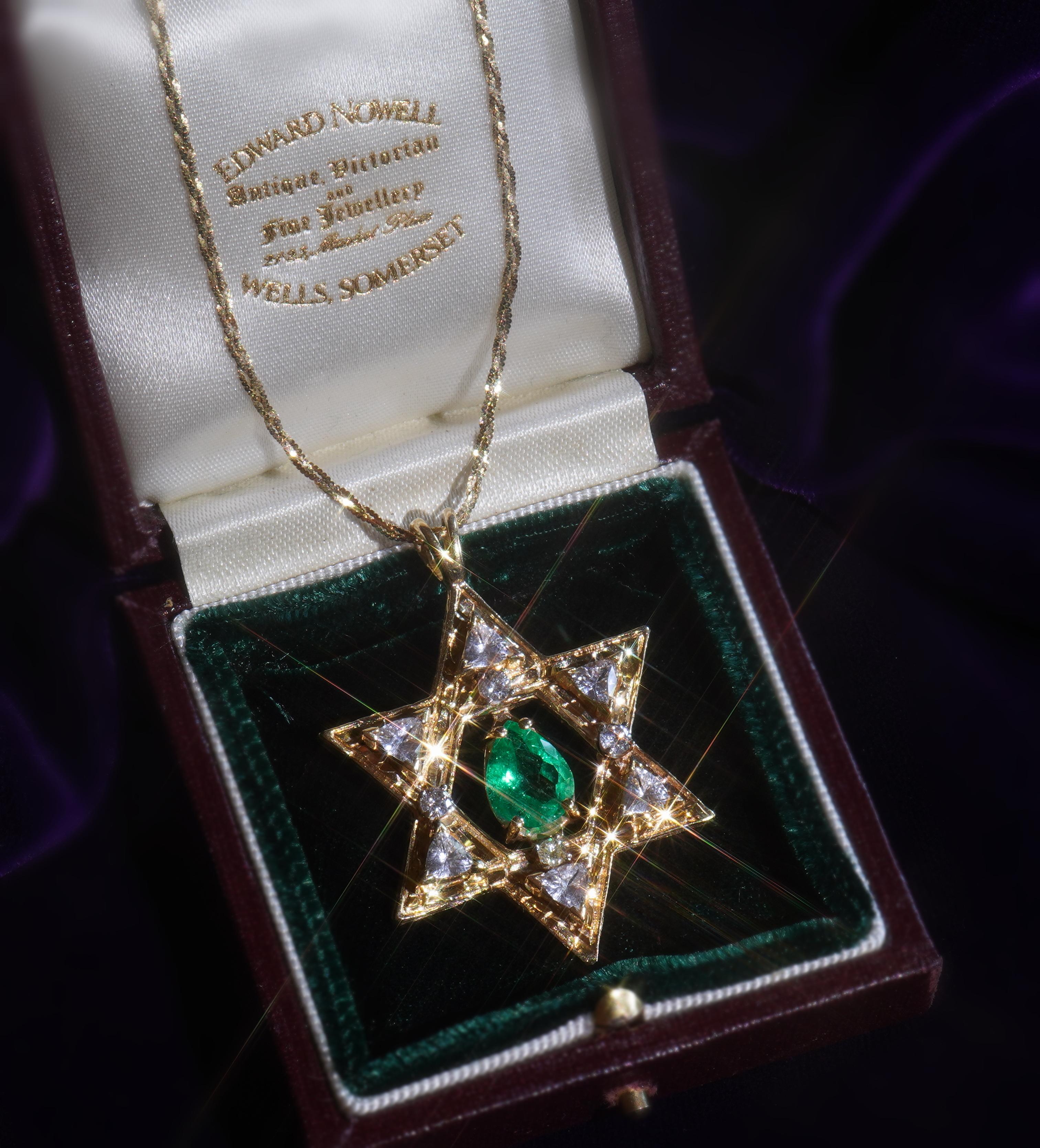 GIA kolumbianischer Smaragd-Diamant-Anhänger 14K Davidstern-Halskette VS 4,64 Karat! (Tropfenschliff)