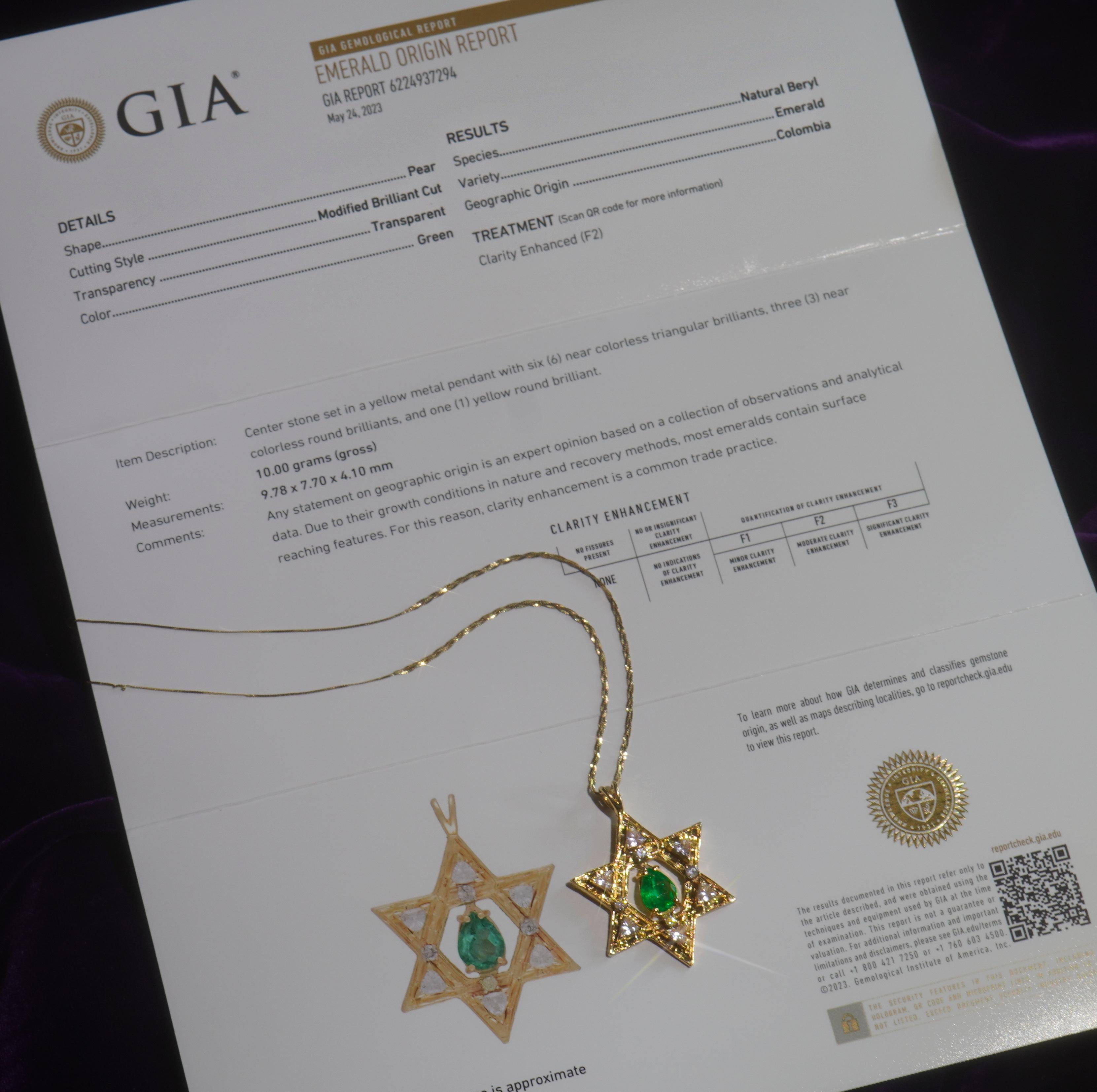 GIA kolumbianischer Smaragd-Diamant-Anhänger 14K Davidstern-Halskette VS 4,64 Karat! 1