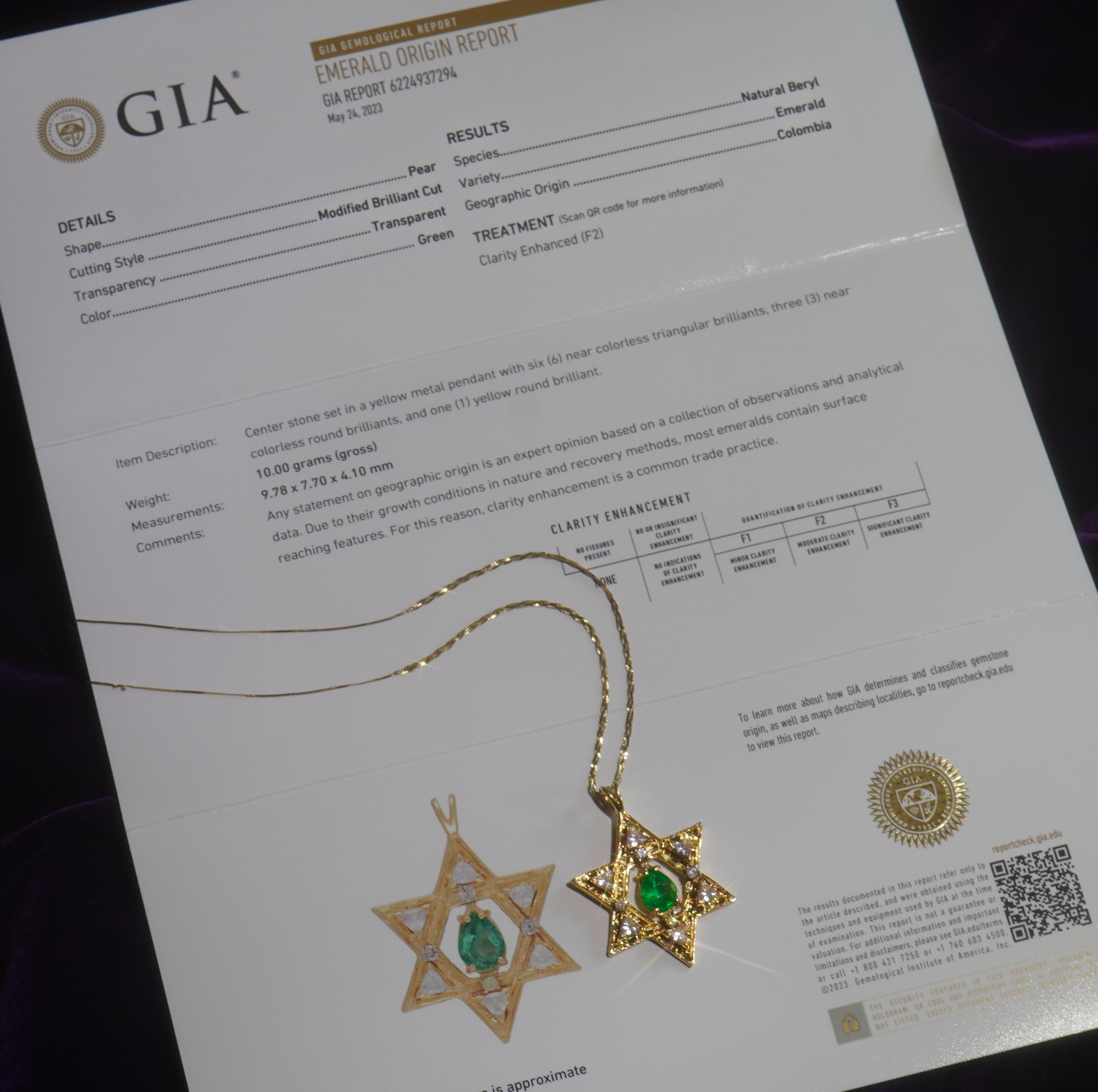 GIA Colombian Emerald Diamond Pendant 14K Star of David Necklace VS 4.64 Carats! 1