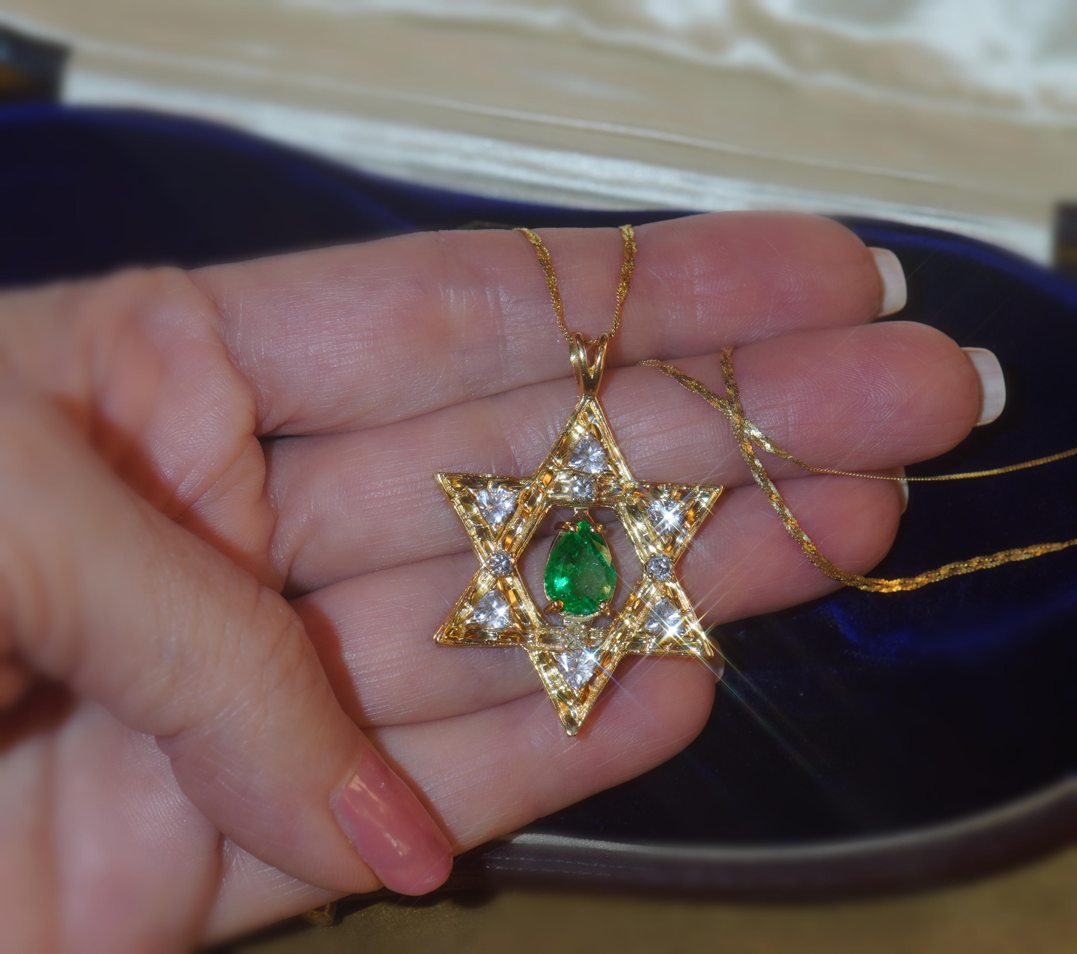 GIA kolumbianischer Smaragd-Diamant-Anhänger 14K Davidstern-Halskette VS 4,64 Karat! 4