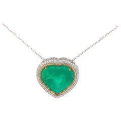 GIA Colombian Emerald Heart Diamond Necklace in Platinum and 18 Karat Gold