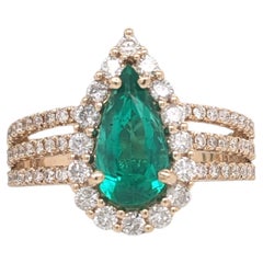 Bague à émeraude colombienne GIA en or massif 18 carats avec pavé de diamants fendus  Poire 11x6mm