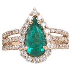 GIA Colombian Emerald Ring in 18k Solid Gold w Split Diamond Pavé Pear