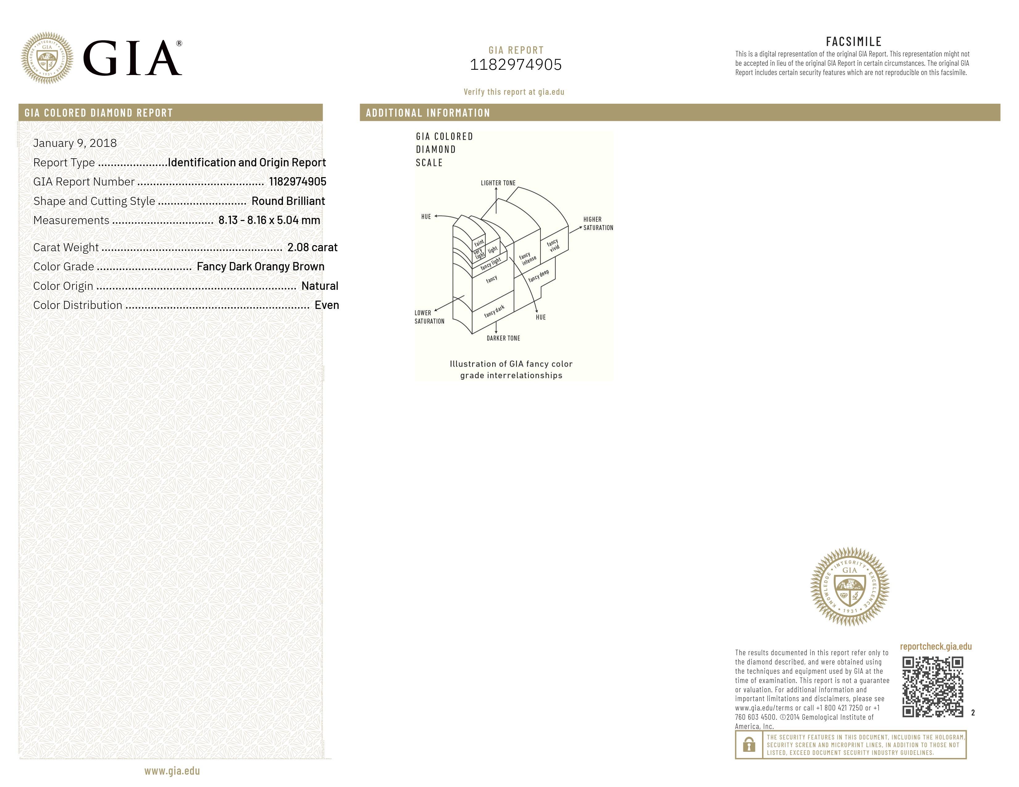 da uomo o donna GIA Color Certified 2.08CT SI1 Round Brilliante Naturale Diamante Marrone Scuro Arancio in vendita