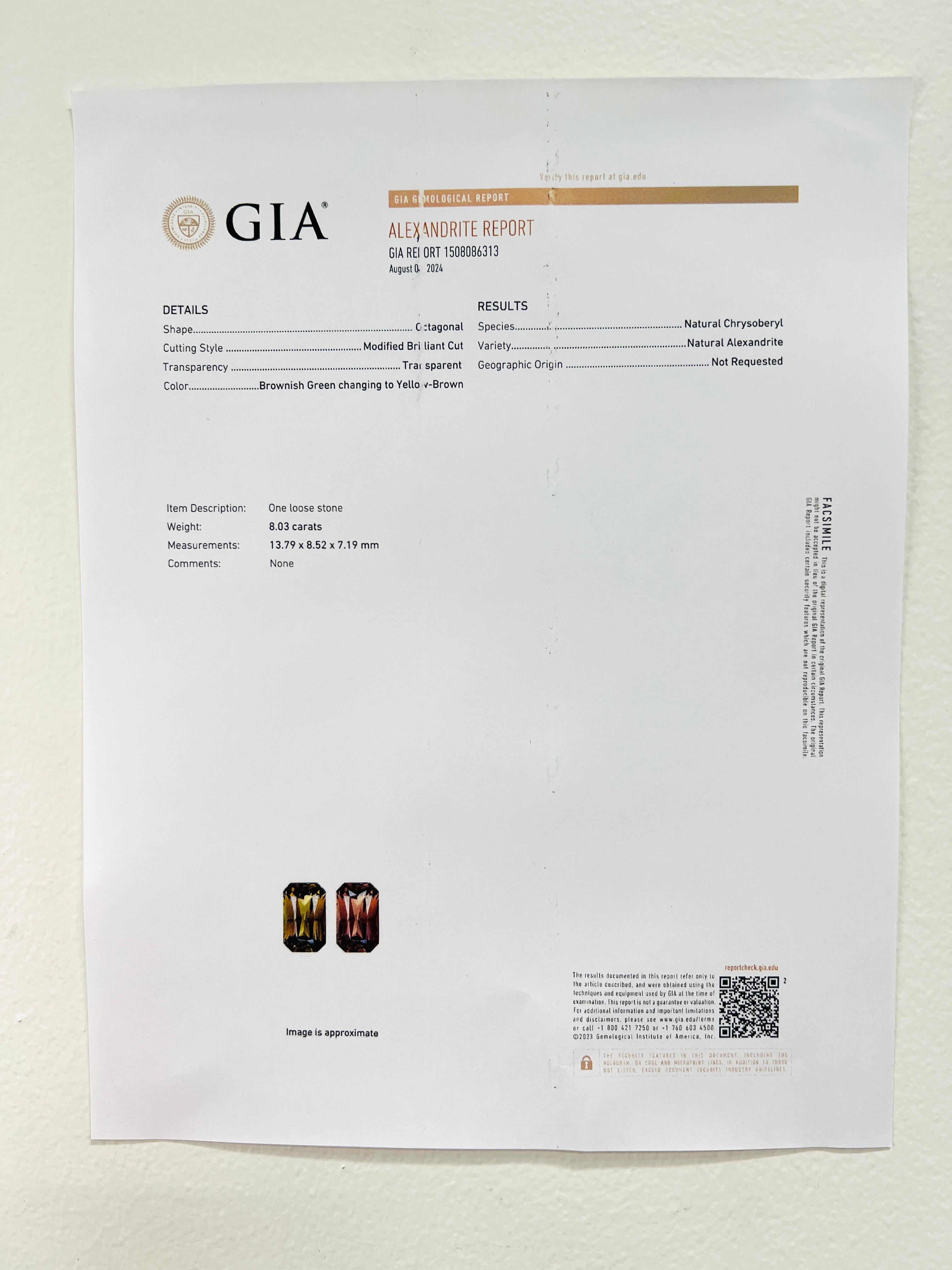 GIA Anello Baguette con alessandrite e diamante bianco da 8 carati e cambio di colore in platino in vendita 4