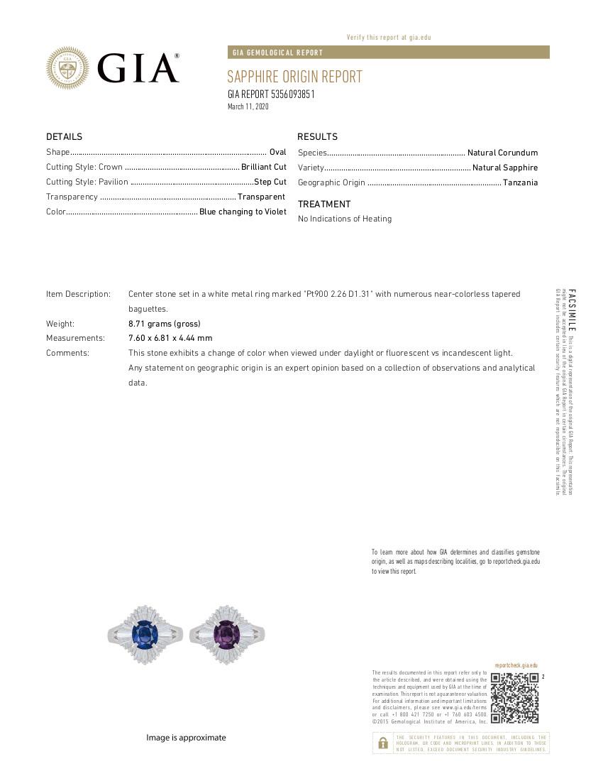 GIA Color Change Tanzanian Sapphire and Diamond Cocktail Ring in Platinum For Sale 2
