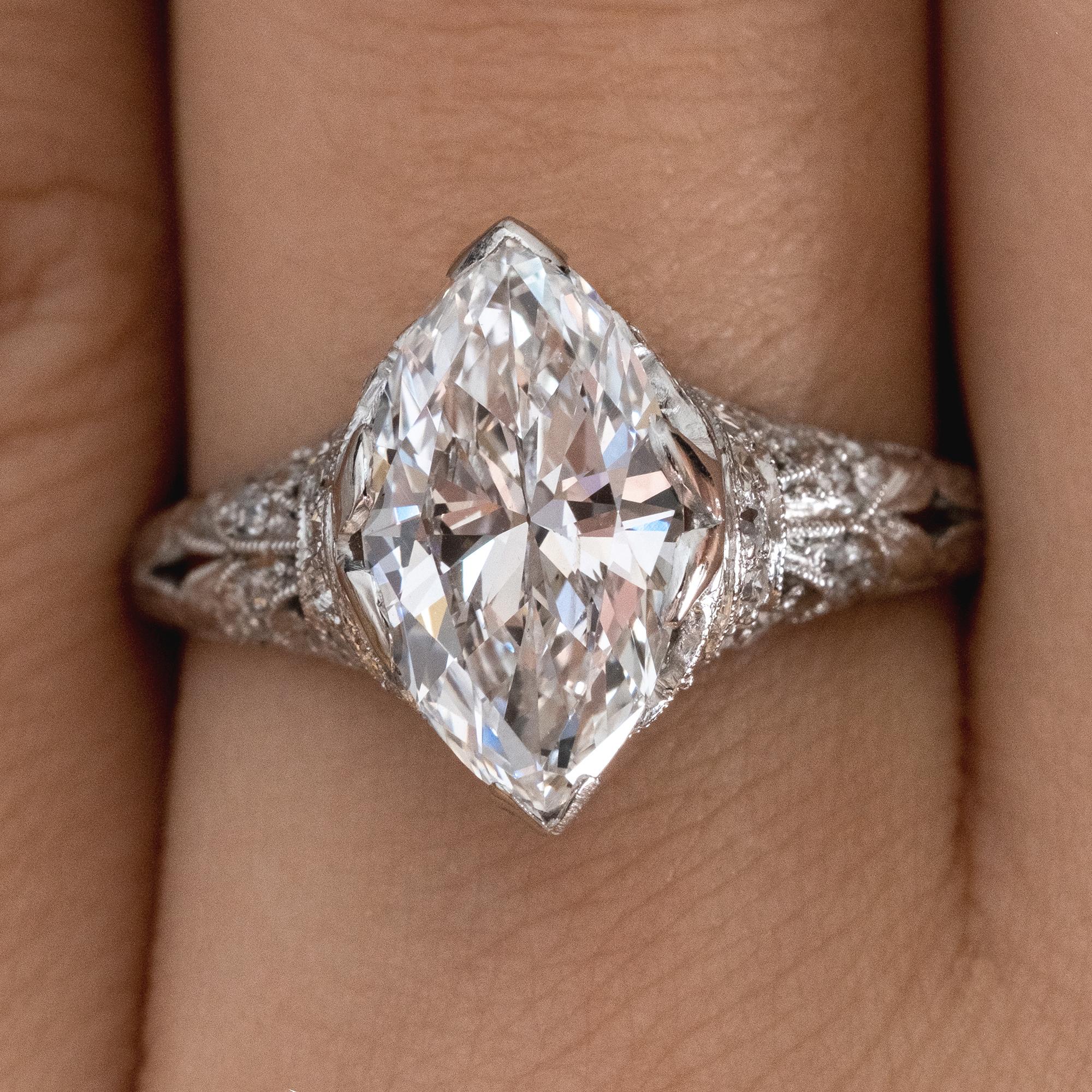 GIA Colorless 2.40ct Antique Marquise Diamond Edwardian Engagement Platinum Ring 7
