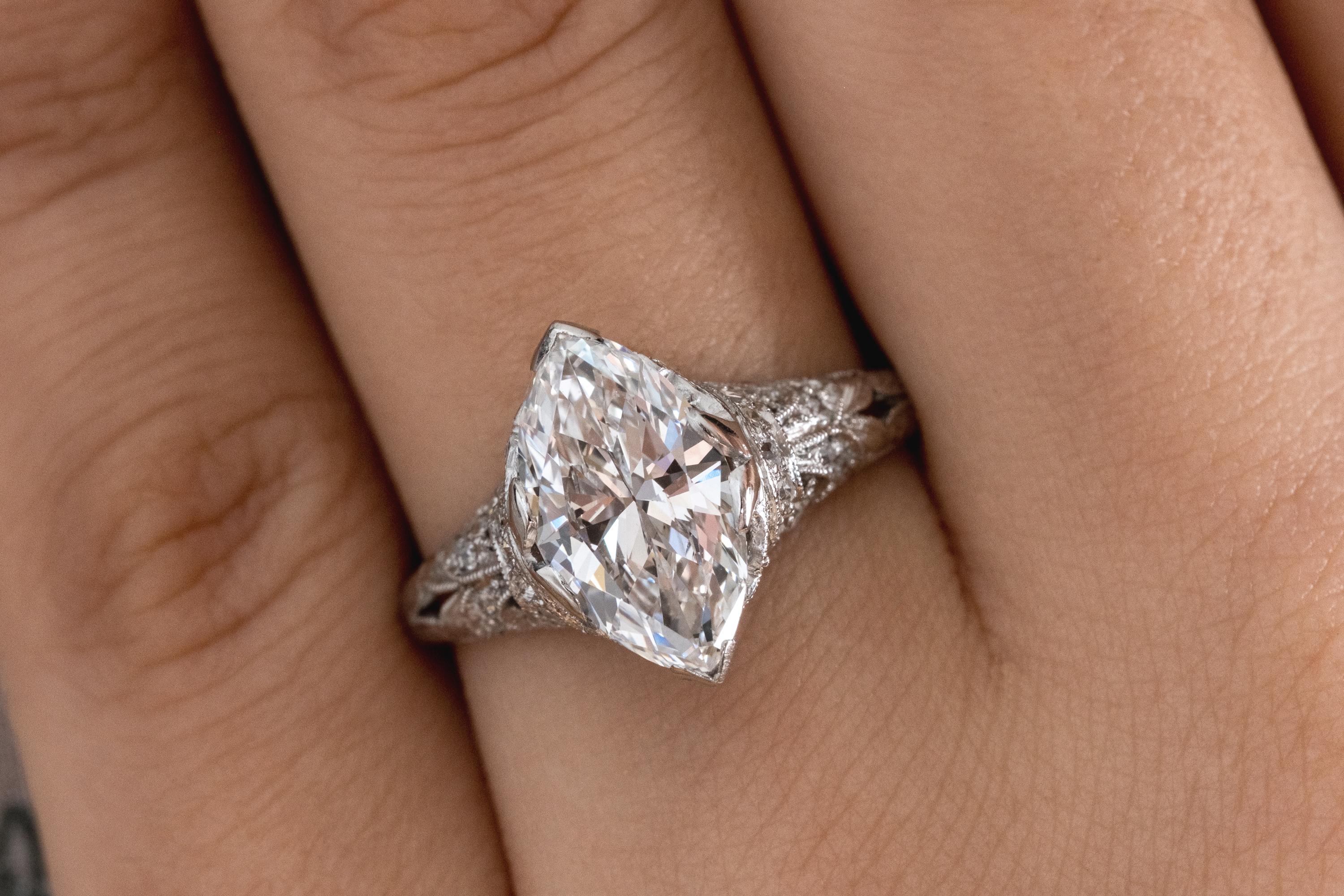 GIA Colorless 2.40ct Antique Marquise Diamond Edwardian Engagement Platinum Ring 9
