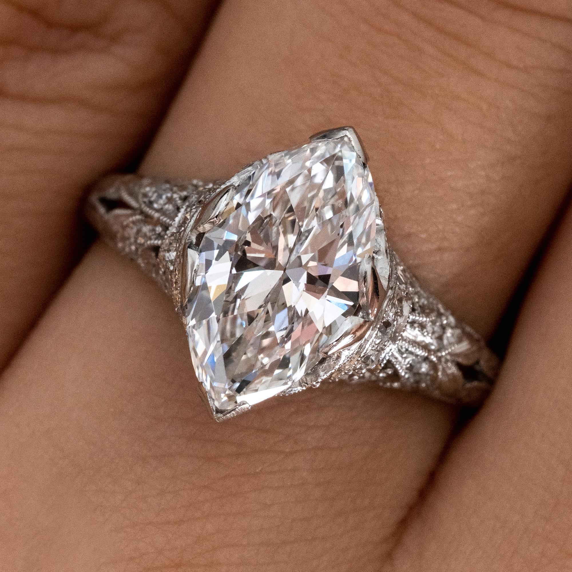 GIA Colorless 2.40ct Antique Marquise Diamond Edwardian Engagement Platinum Ring 1