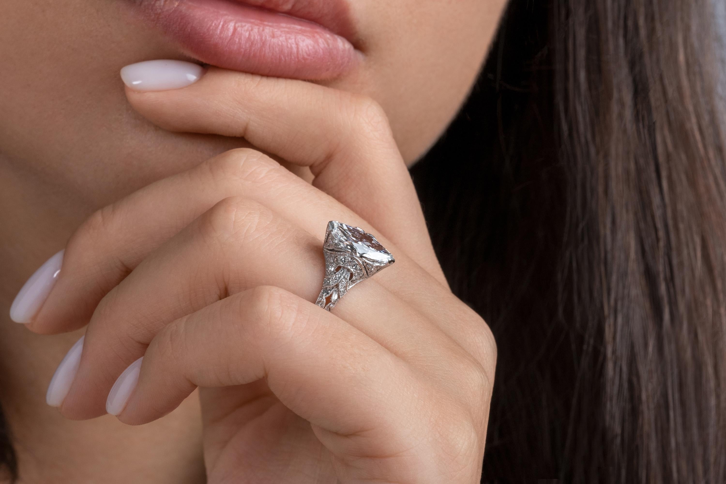 GIA Colorless 2.40ct Antique Marquise Diamond Edwardian Engagement Platinum Ring 3