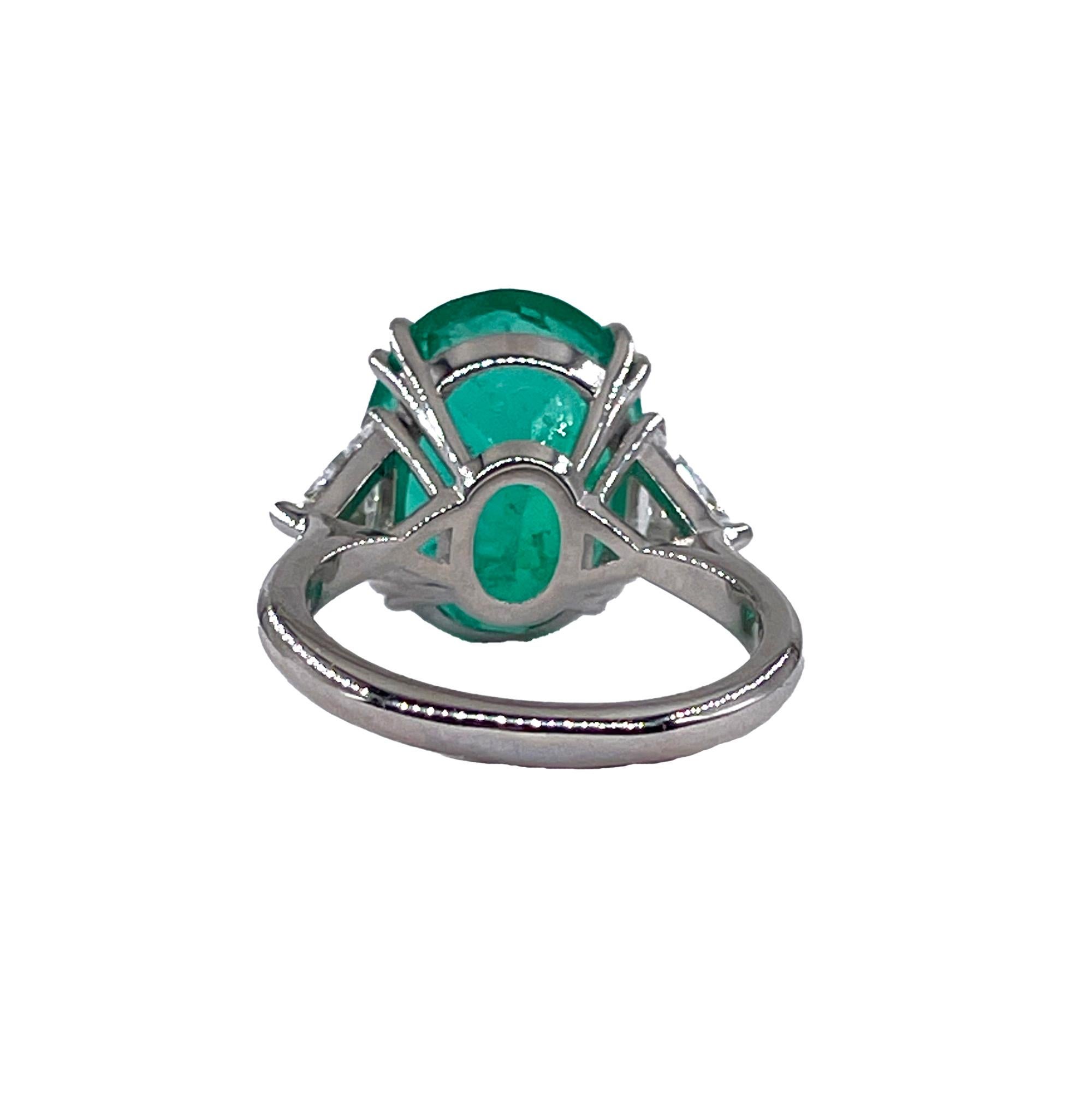 GIA Colombian Green 10ctw Emerald & Diamond Three Stone Engagement Platinum Ring For Sale 1