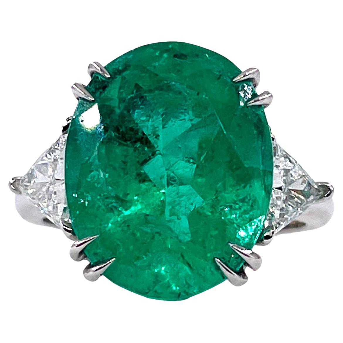 GIA Colombian Green 10ctw Emerald & Diamond Three Stone Engagement Platinum Ring For Sale