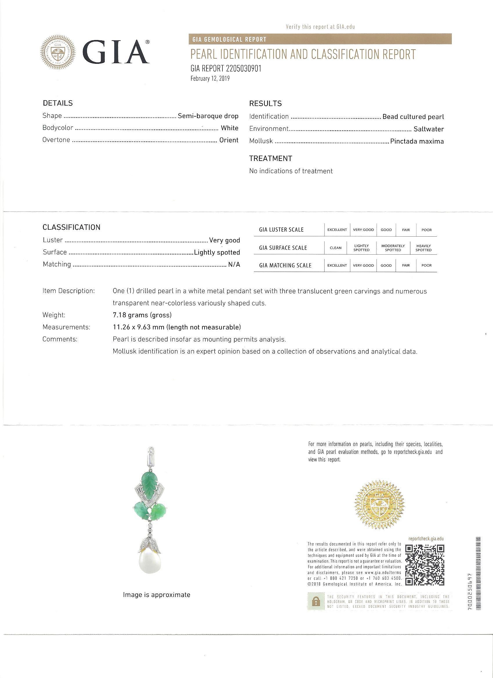 Collana con ciondolo di perle coltivate, smeraldi e diamanti GIA in oro bianco 14 carati in vendita 8