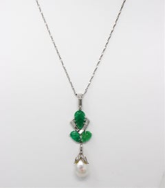 GIA Cultured Pearl, Emerald and Diamond Pendant Necklace in 14 Karat White Gold