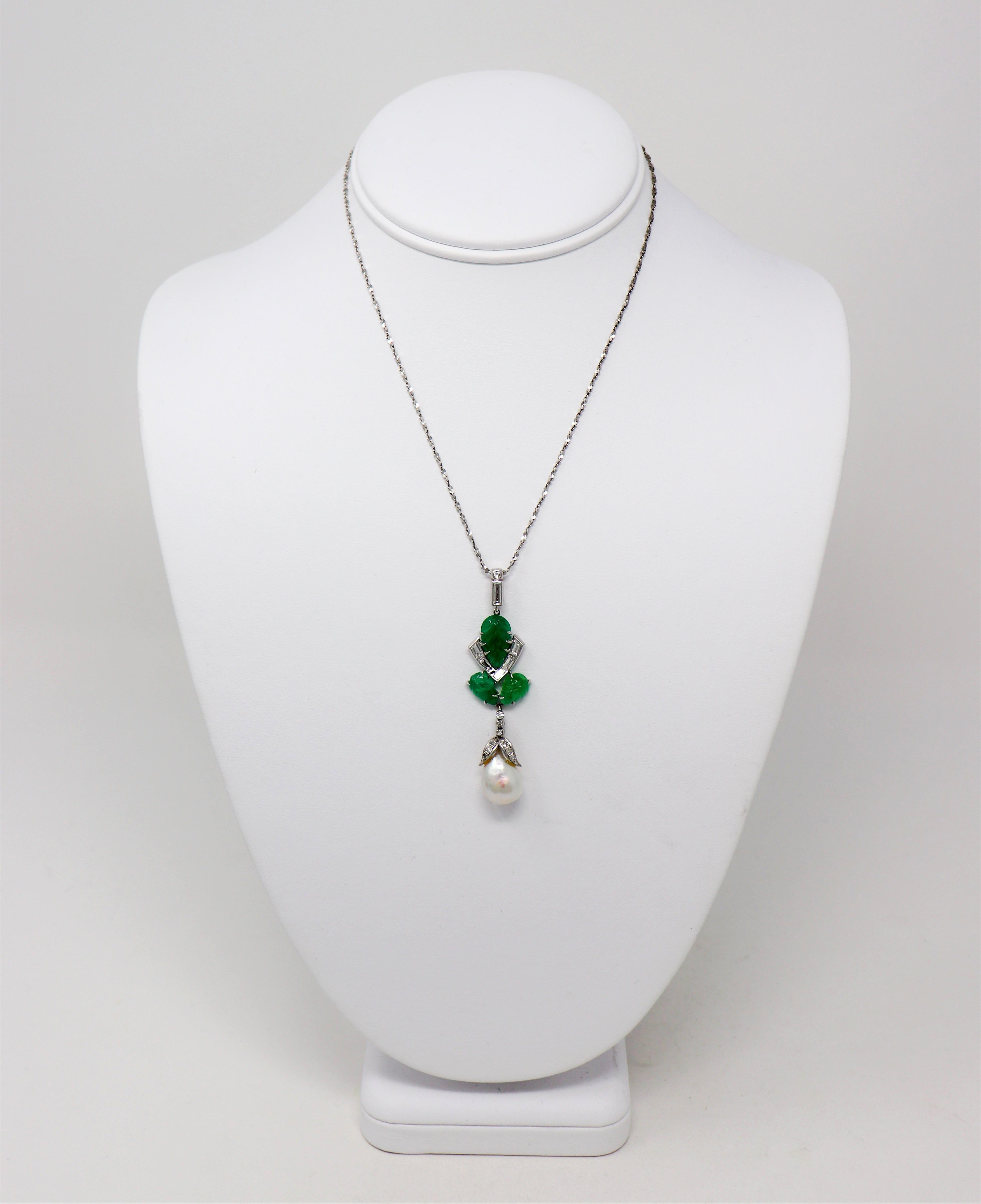 Pear Cut GIA Cultured Pearl, Emerald and Diamond Pendant Necklace in 14 Karat White Gold For Sale