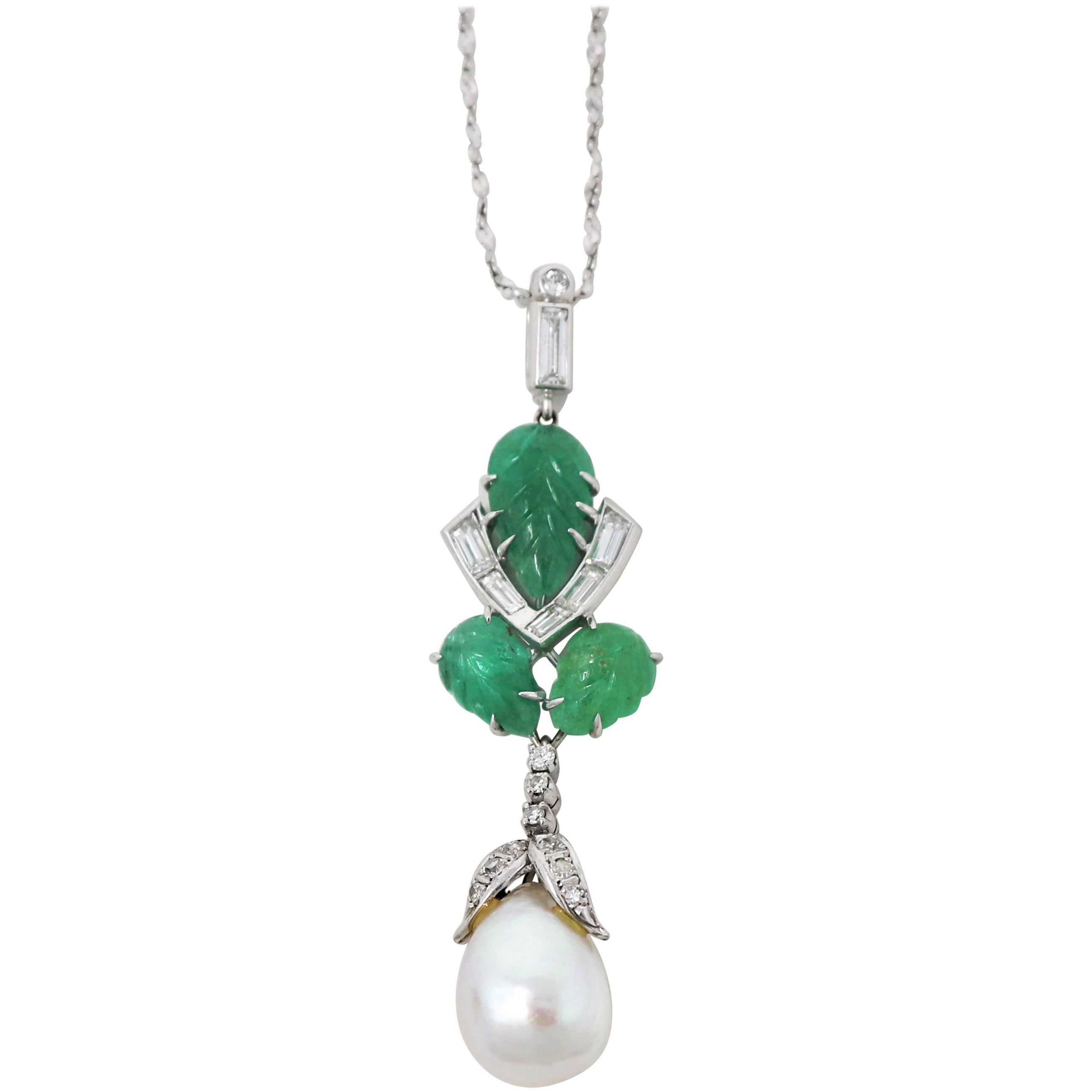 GIA Cultured Pearl, Emerald and Diamond Pendant Necklace in 14 Karat White Gold For Sale