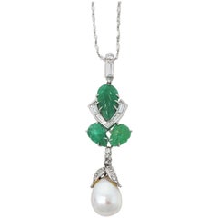 Retro GIA Cultured Pearl, Emerald and Diamond Pendant Necklace in 14 Karat White Gold