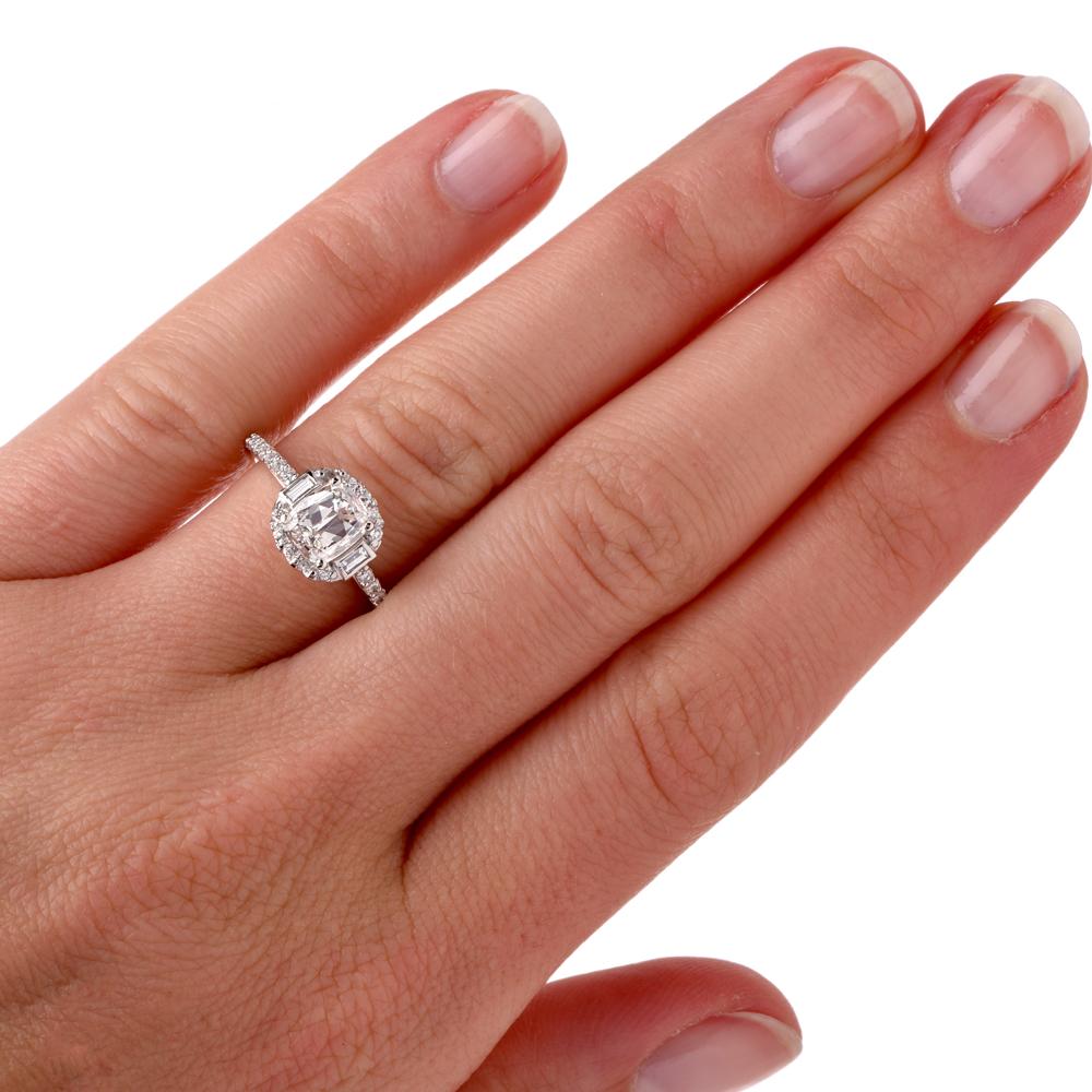 Cushion Cut GIA Cushion 1.35cts Diamond Baguette Halo Platinum Engagement Ring For Sale