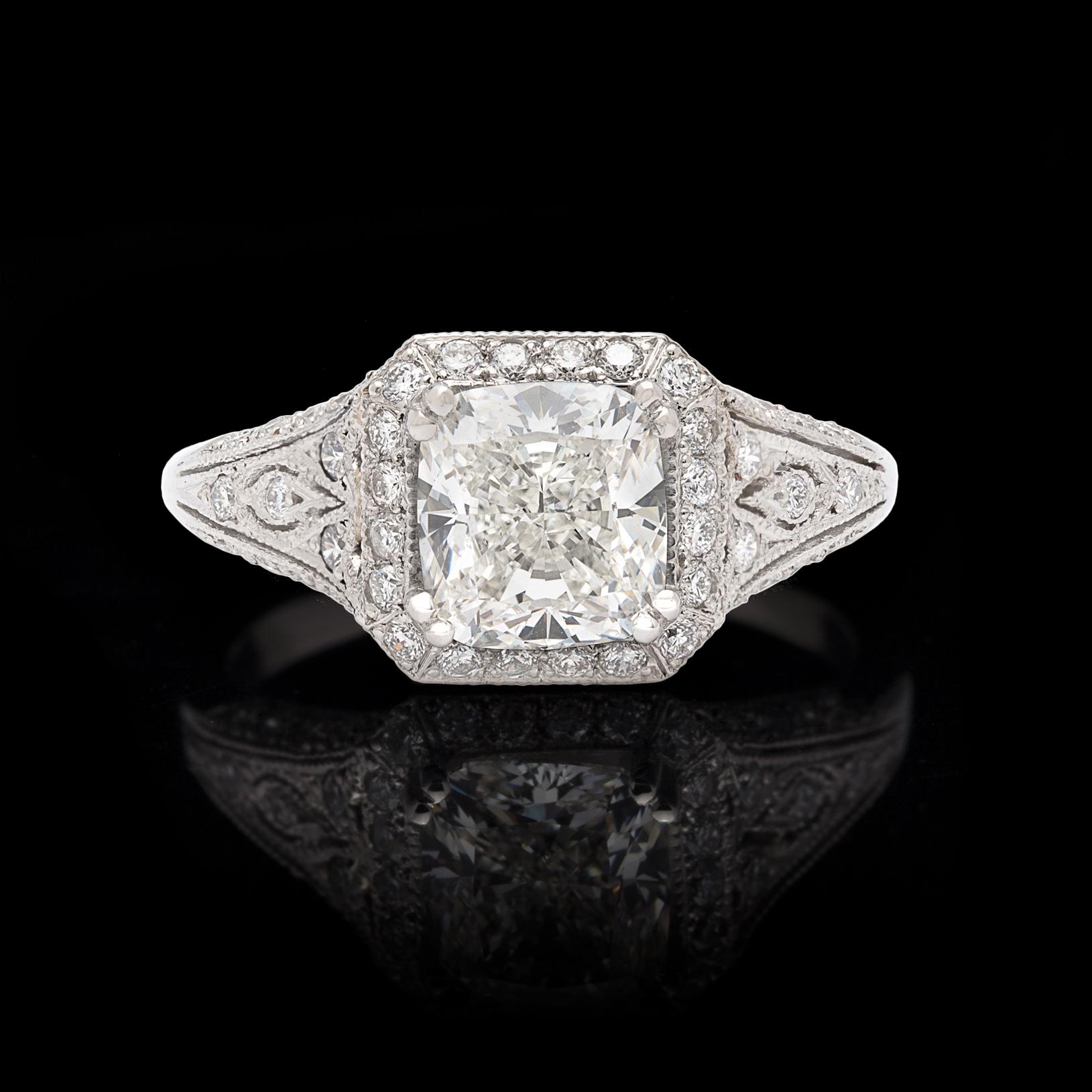 Art Deco GIA Cushion Cut Diamond and Platinum French Engagement Ring