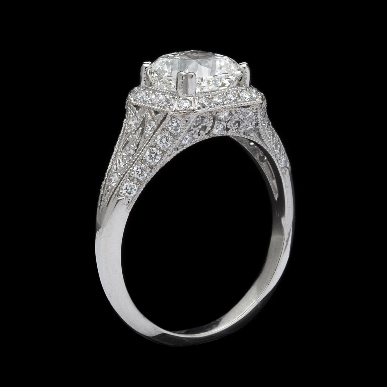 GIA Cushion Cut Diamond and Platinum French Engagement Ring at 1stDibs