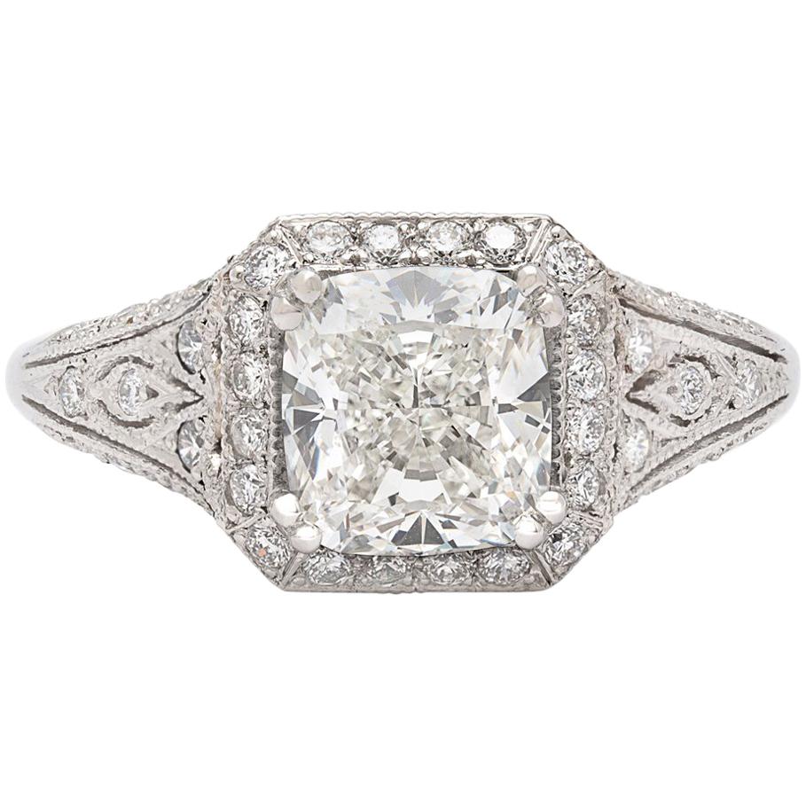 GIA Cushion Cut Diamond and Platinum French Engagement Ring
