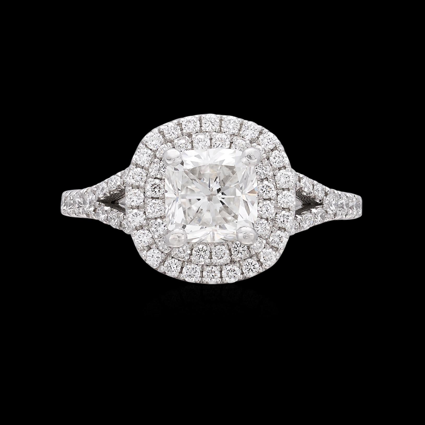 GIA Cushion Cut Diamond Halo Platinum Ring In Excellent Condition In San Francisco, CA