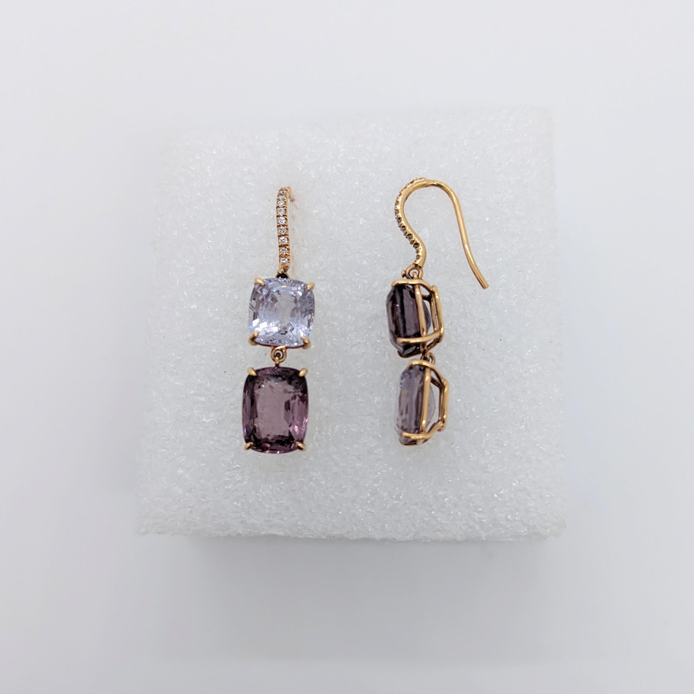 Women's or Men's GIA Cushion Cut Purple Pink Spinel & Diamond Dangle Earrings in 18K Rose Gold For Sale