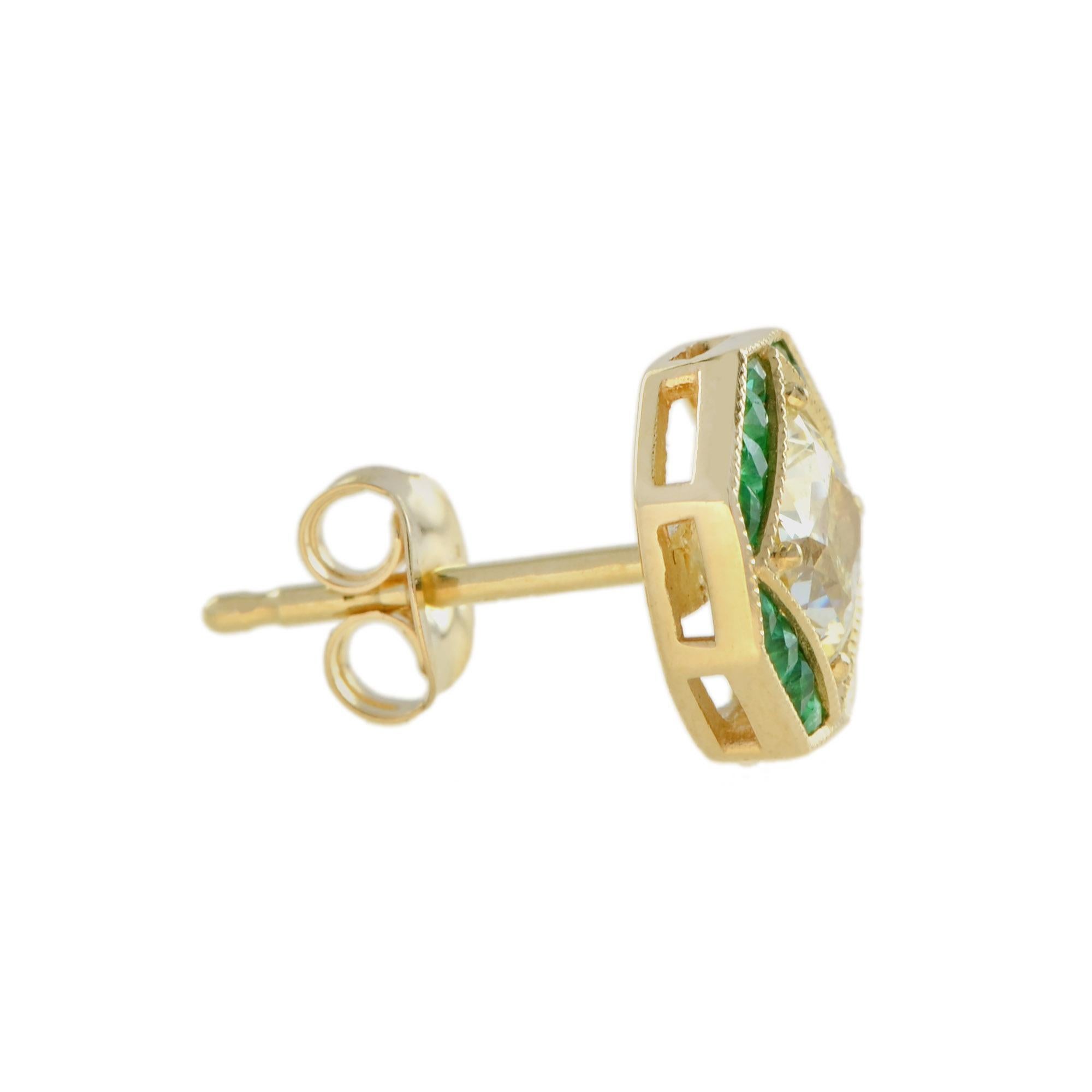 A spectacular pair of diamond and emerald stud earrings featuring total of 1.42 carat GIA certified diamonds and French cut emeralds secured in a statement bezel setting.
Earrings Information
Width: 9 mm.
Length: 9 mm.
Weight: 2.38 g. (approx. in