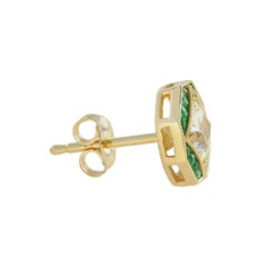 GIA Cushion Diamond & Green Emerald Art Deco Style Stud 18K Yellow Gold Earrings