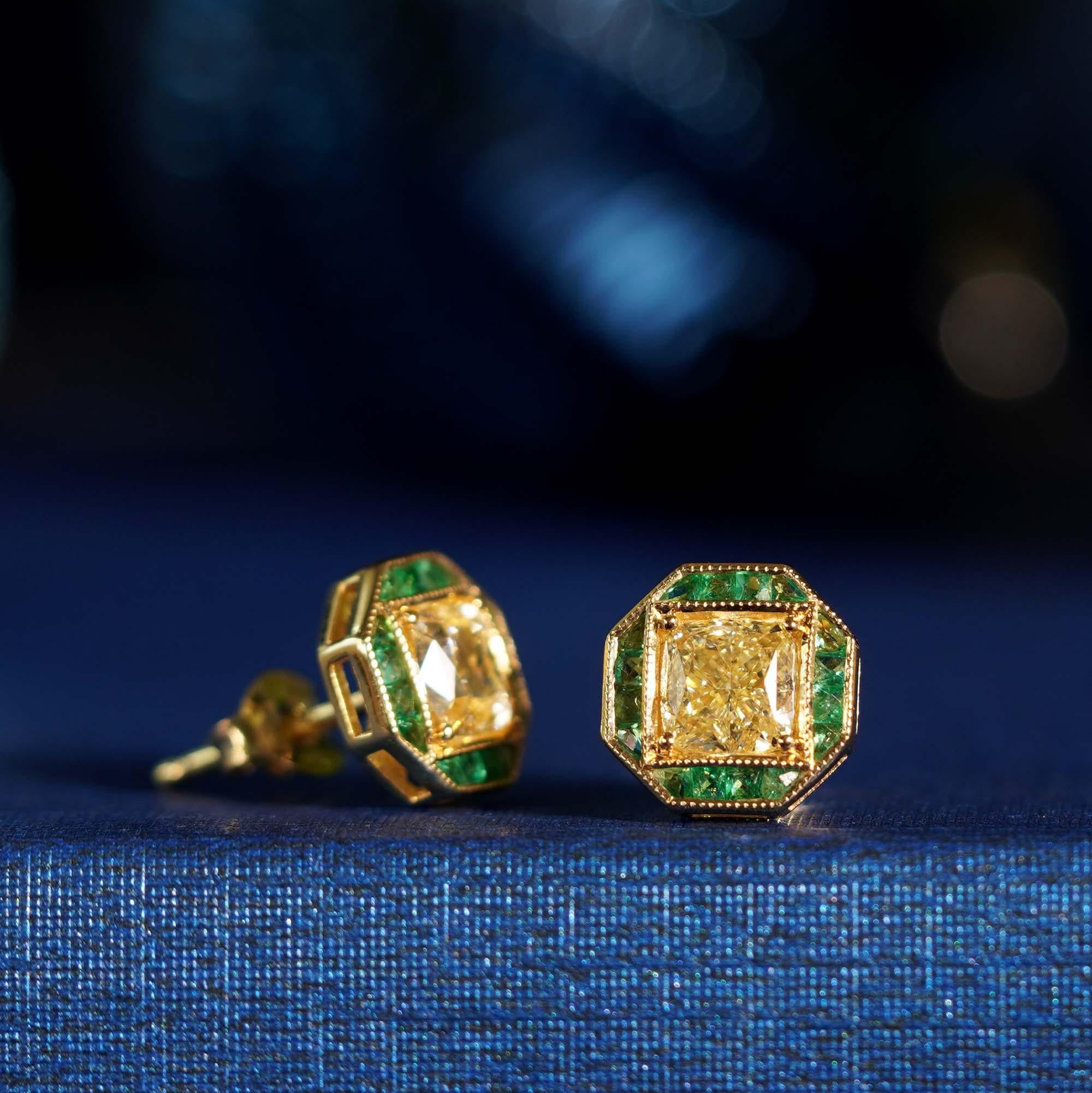 Women's GIA Cushion Diamond & Green Emerald Art Deco Style Stud 18K Yellow Gold Earrings For Sale