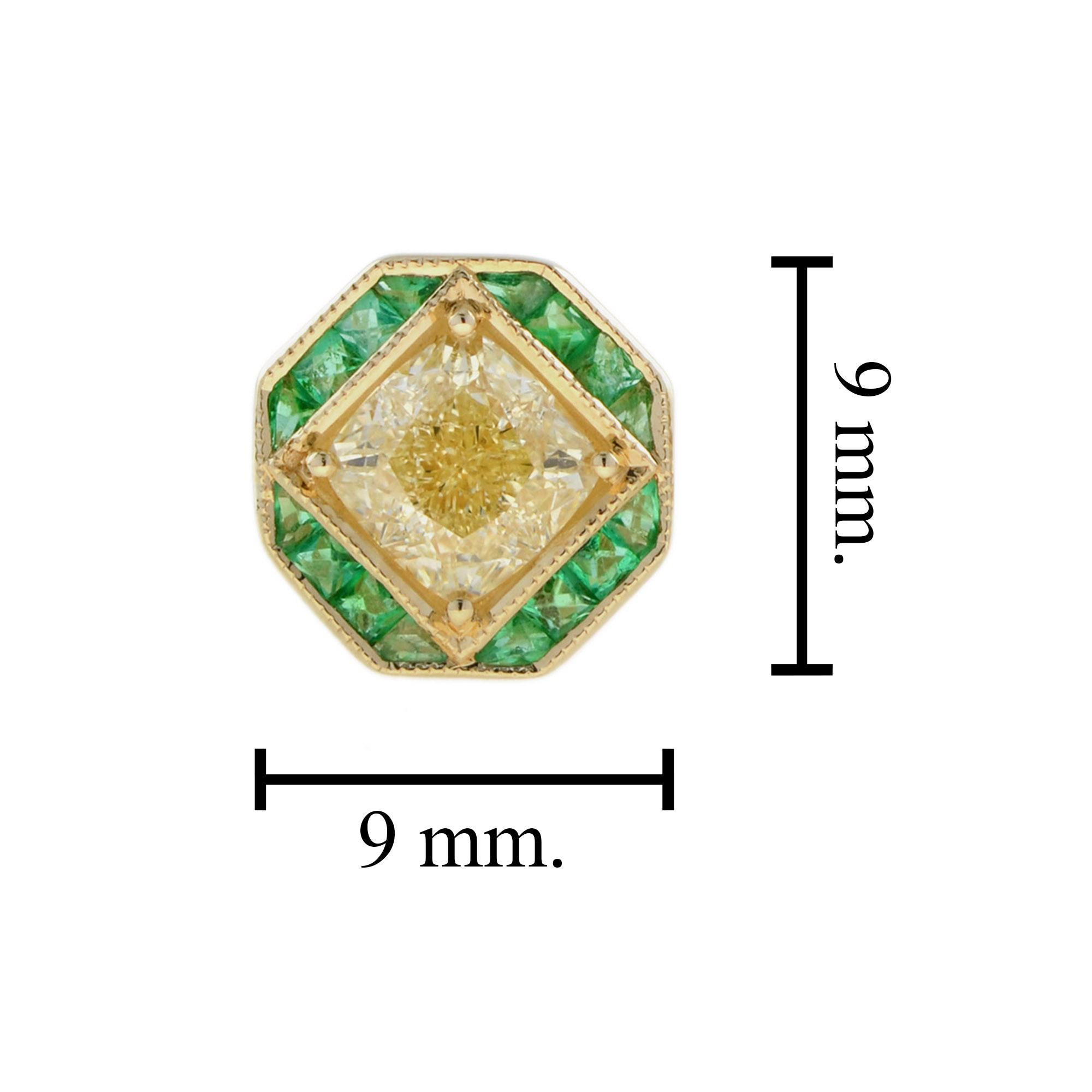 GIA Cushion Diamond & Green Emerald Art Deco Style Stud 18K Yellow Gold Earrings For Sale 4