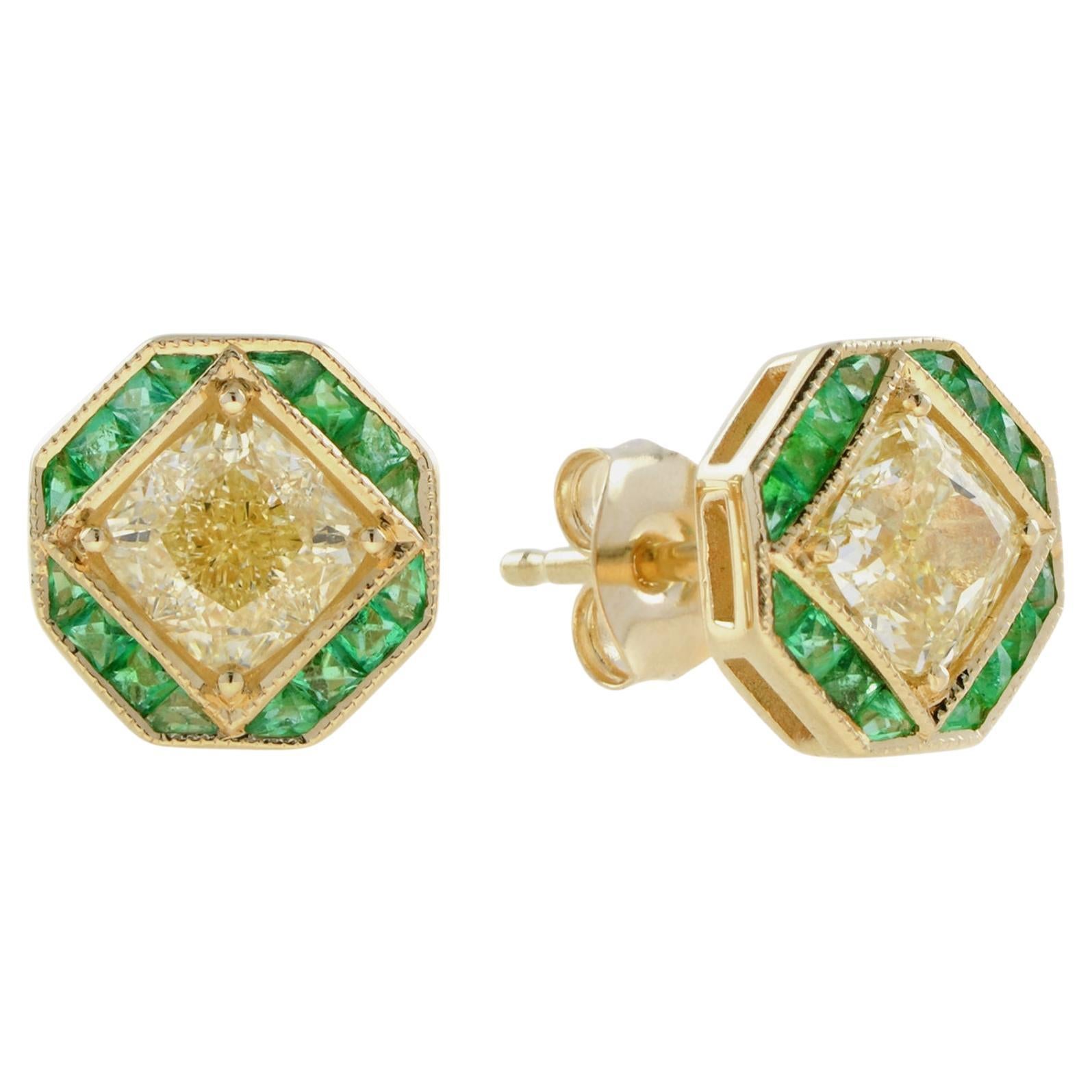 GIA Cushion Diamond & Green Emerald Art Deco Style Stud 18K Yellow Gold Earrings For Sale