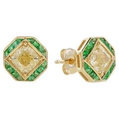 GIA Cushion Diamond & Green Emerald Art Deco Style Stud 18K Yellow Gold Earrings