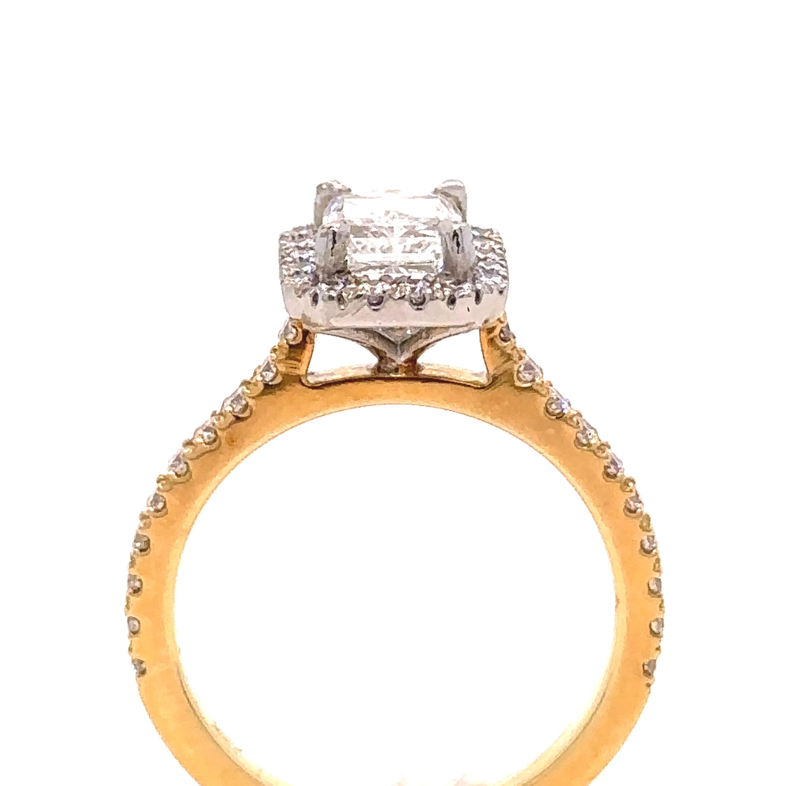 Unique features:

Custom made solid 18ct yellow gold band and white gold Halo design diamond engagement ring.

Centre Cut-Cornered Rectangular Modified Brilliant diamond set in four claw Tiger setting is GIA certified, Laser Inscribed #1438574444,