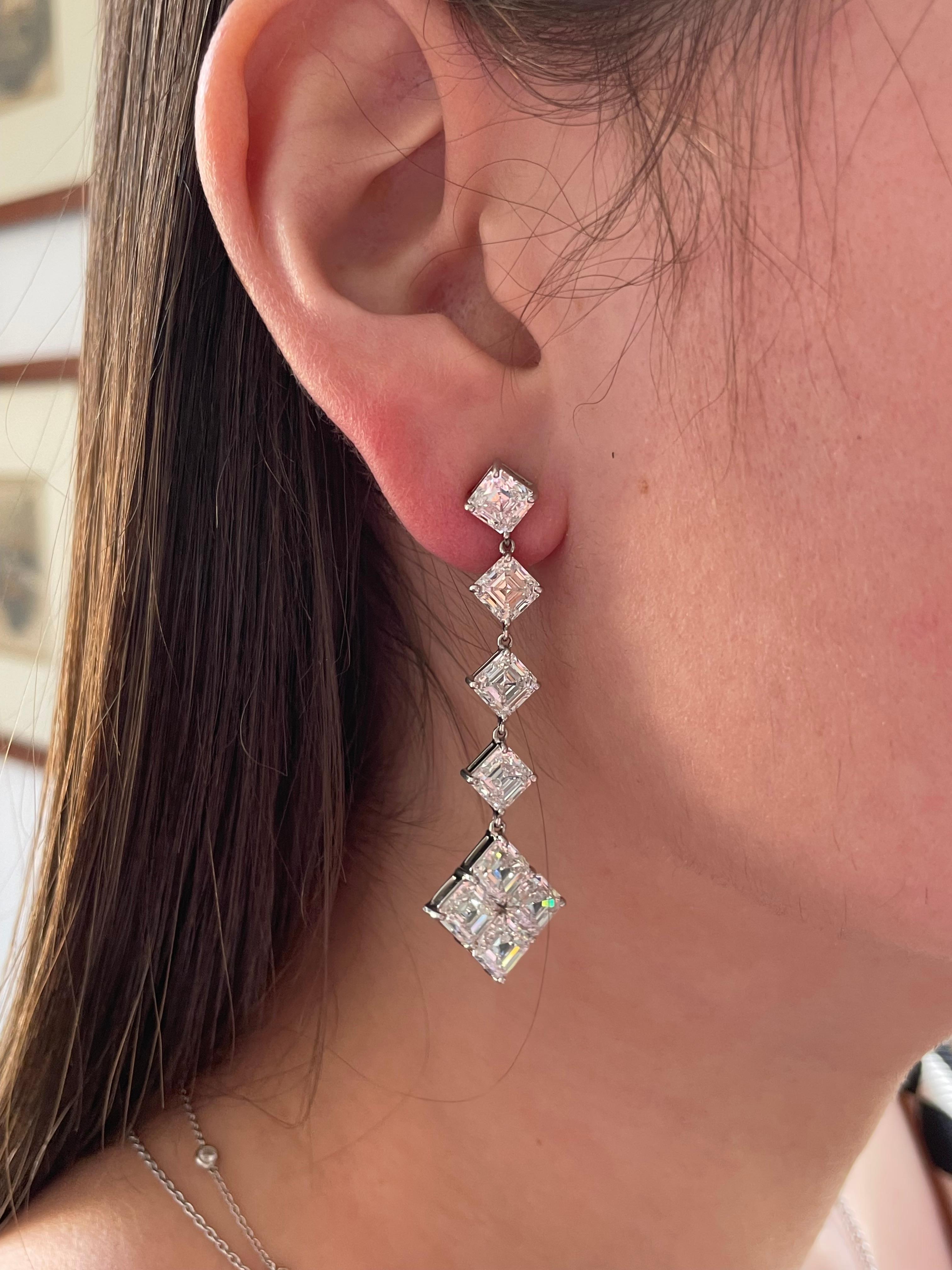 J. Birnbach GIA Colorless 16.80 carat Asscher Cut Diamond Platinum Drop Earrings In New Condition For Sale In New York, NY