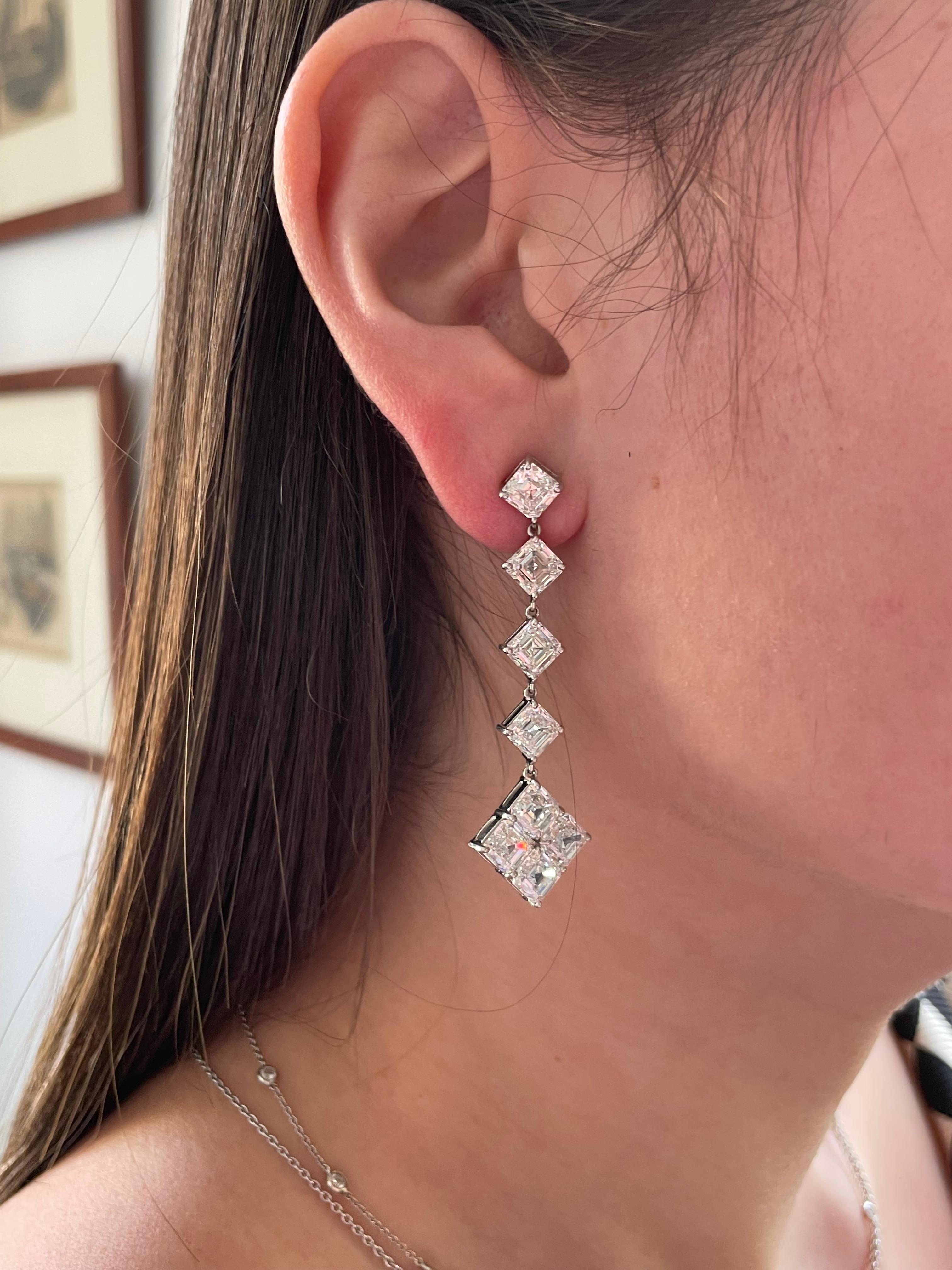 Women's J. Birnbach GIA Colorless 16.80 carat Asscher Cut Diamond Platinum Drop Earrings For Sale