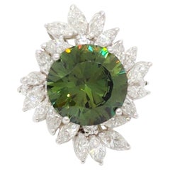 GIA Demantoid Garnet Round and White Diamond Cocktail Ring in 18k White Gold