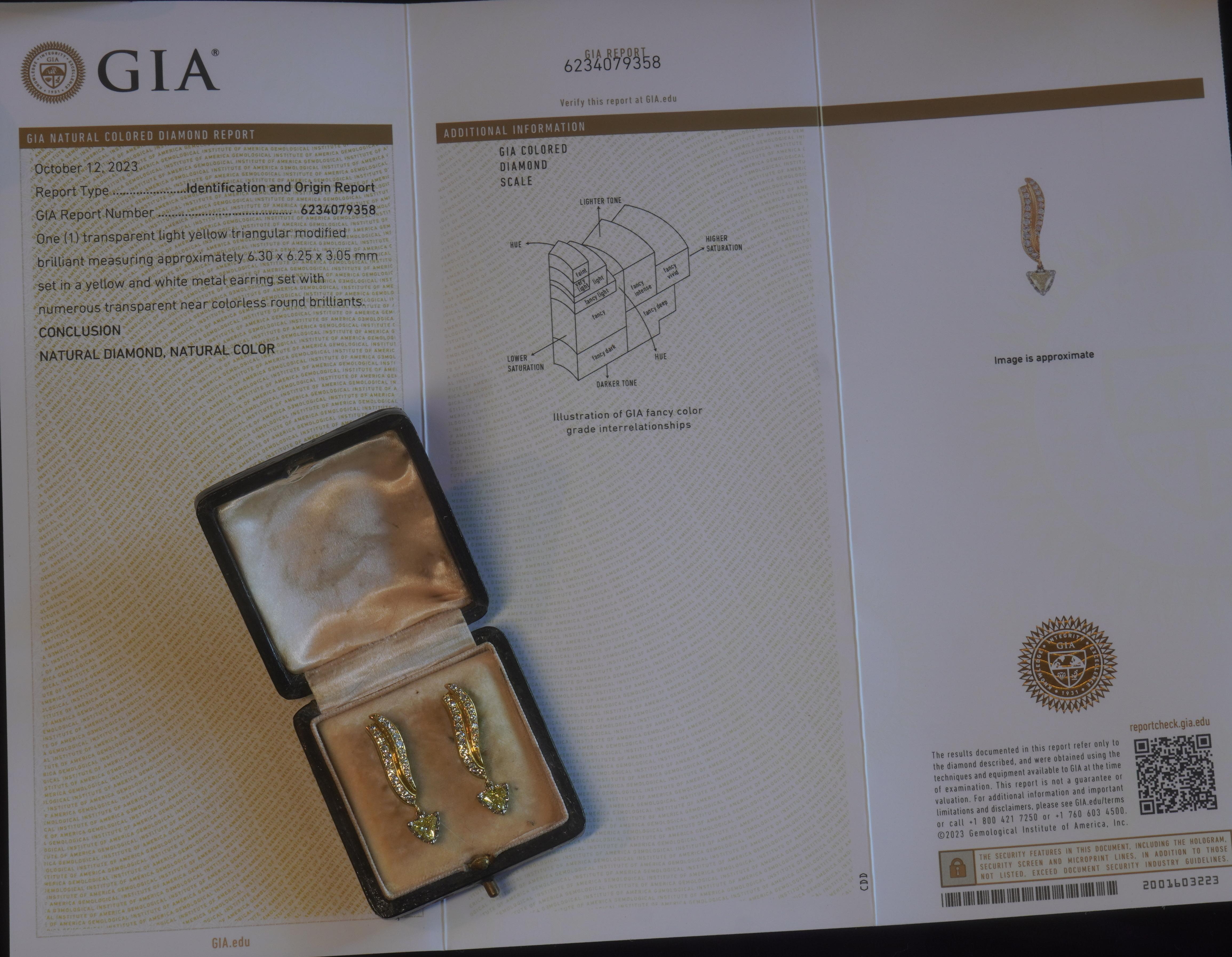GIA Diamant 18k Ohrringe Vintage Kanariengelb VS Trillion Feines Gold 2,44 Karat im Zustand „Gut“ im Angebot in Sylvania, GA