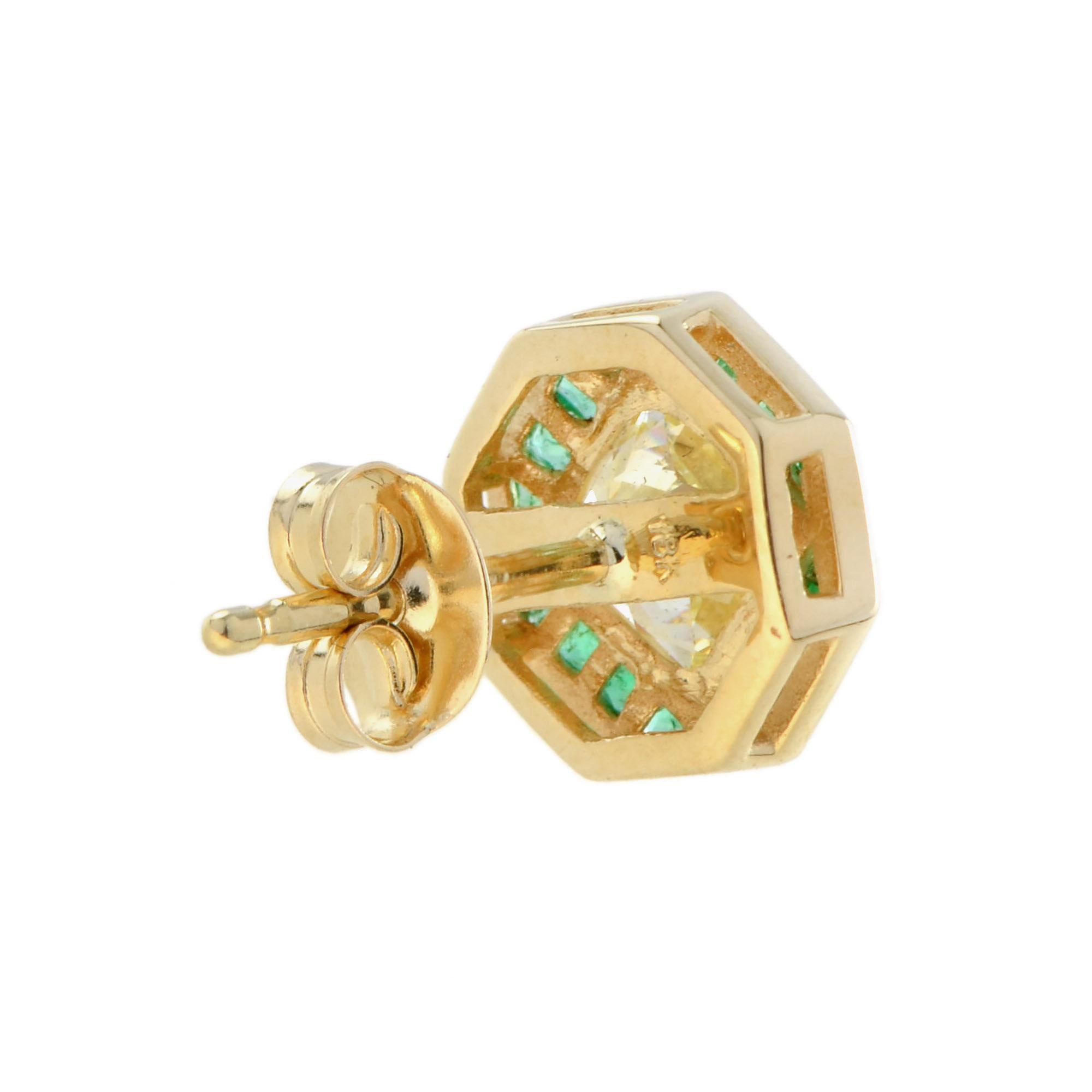 Women's or Men's GIA Diamond and Emerald Art Deco Style Stud Earrings in 18k Yellow Gold For Sale