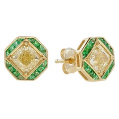 GIA Diamond and Emerald Art Deco Style Stud Earrings in 18k Yellow Gold GIA Diamond and Emerald Art Deco Style Stud Earrings in 18k Yellow Gold