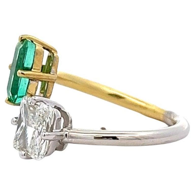 Radiant Cut GIA Diamond Emerald 18k Gold Platinum Two Tone Toi et Moi Ring For Sale