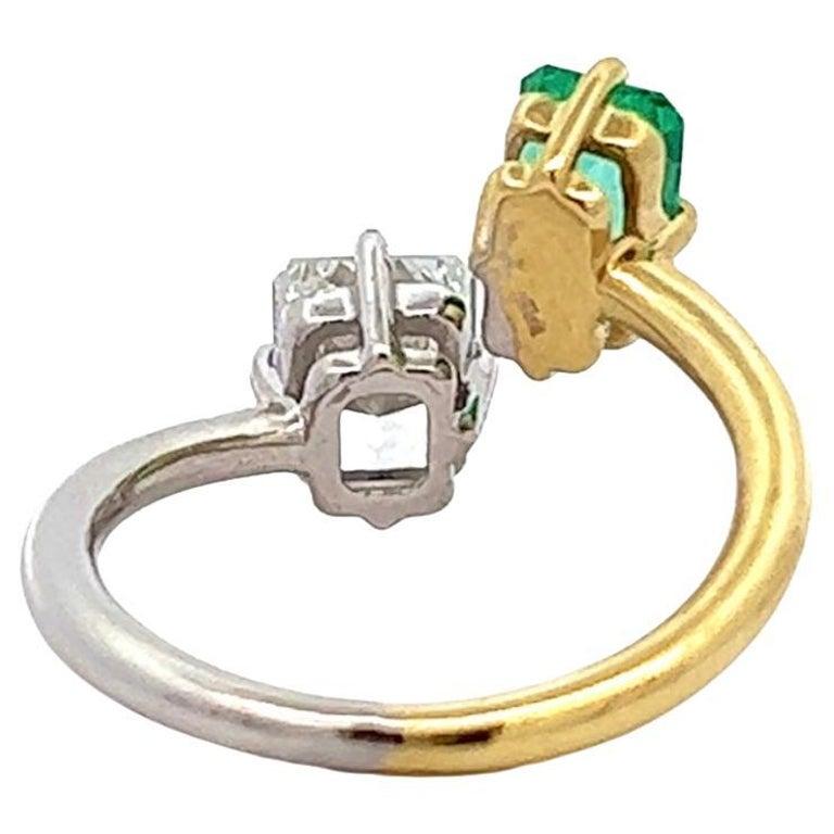 GIA Diamond Emerald 18k Gold Platinum Two Tone Toi et Moi Ring In Excellent Condition In Beverly Hills, CA