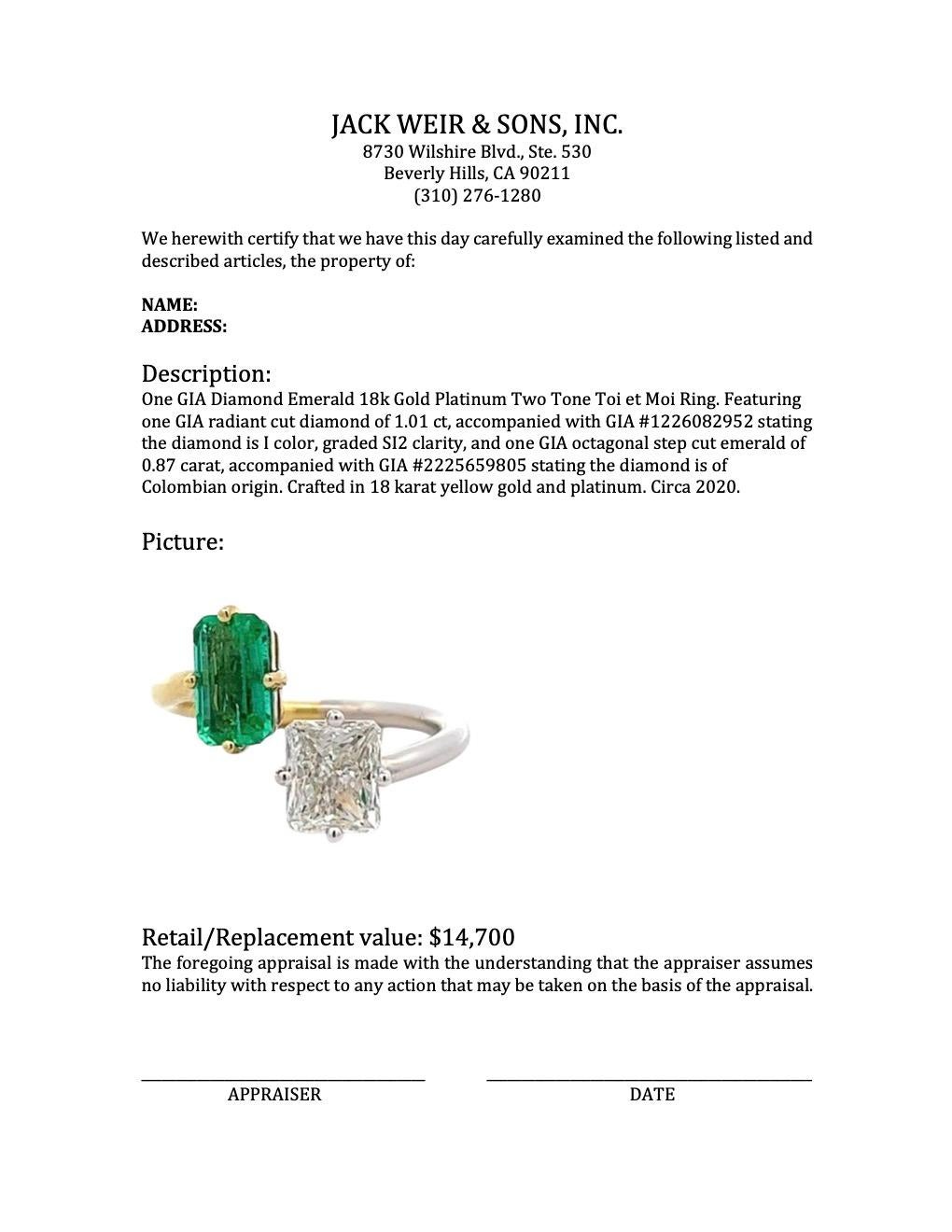 GIA Diamond Emerald 18k Gold Platinum Two Tone Toi et Moi Ring For Sale 2